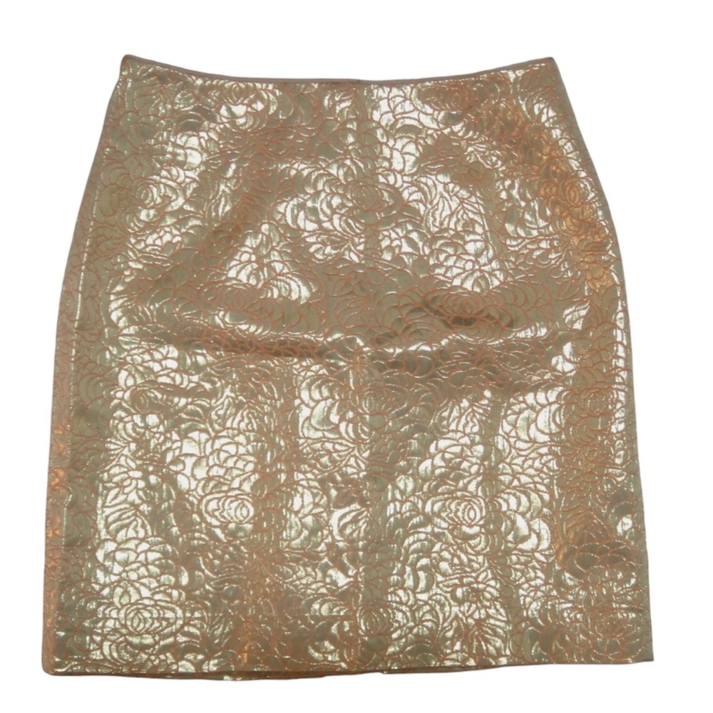 H&M Party Skirt Shimmering Gold Peach Patterned Floral Back Metal Zipper Size 12 - Picture 3 of 16